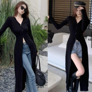women’s long sleeves high slit knit cardigan / maxi shrug top